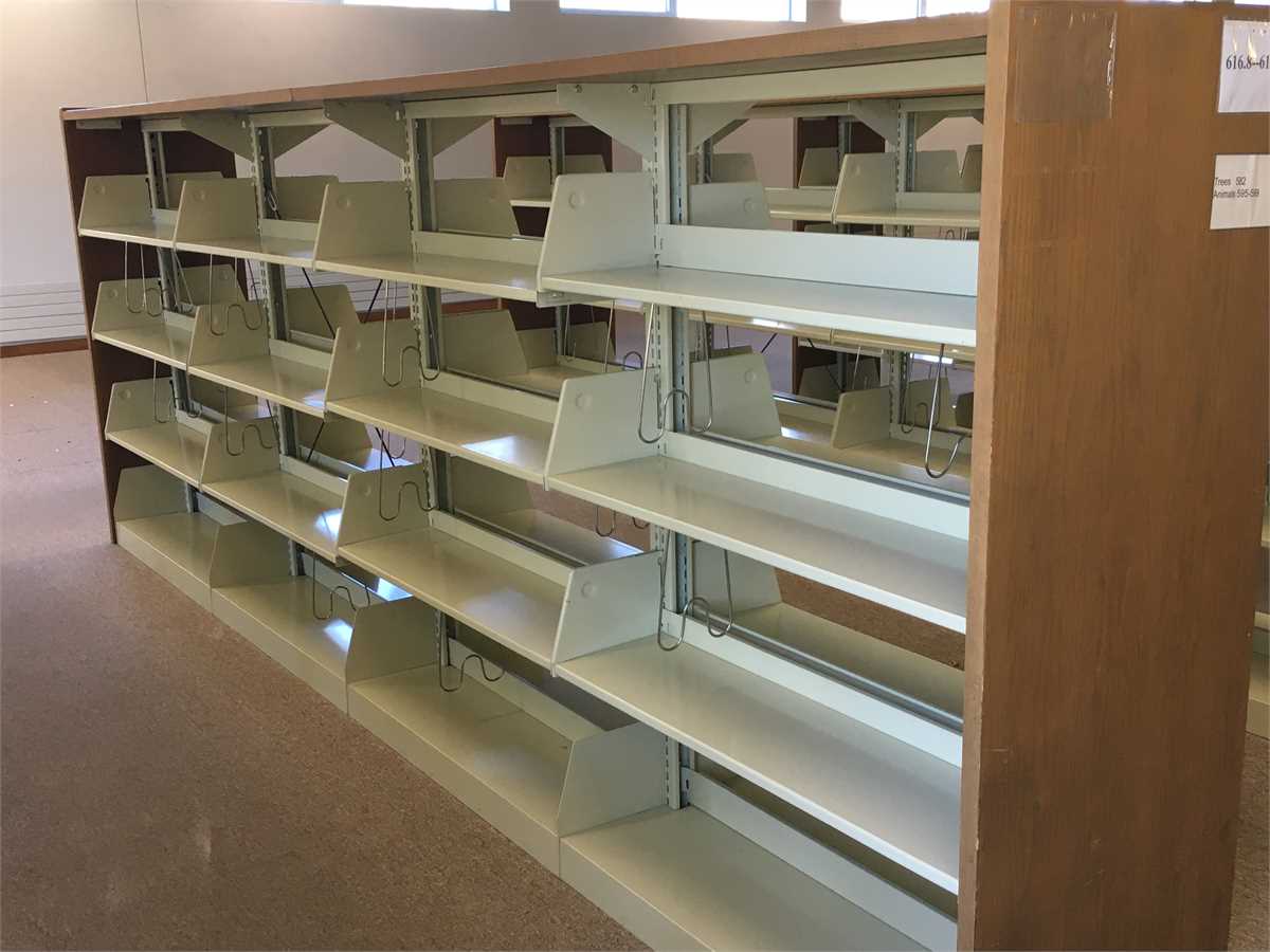 Metal library stack shelving with wood top and endcaps Online ...