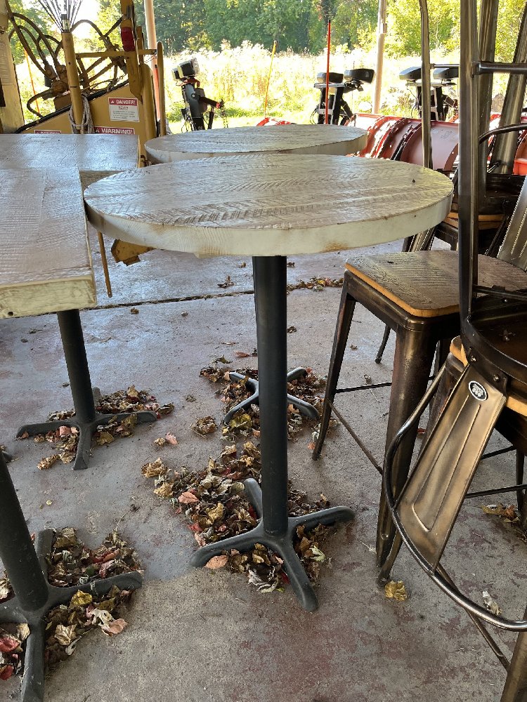 Two Wooden Hi-Top Tables with Metal Base