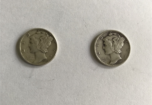 1941 Mercury Dime and 1944 Mercury Dime (2 coins) fine condition